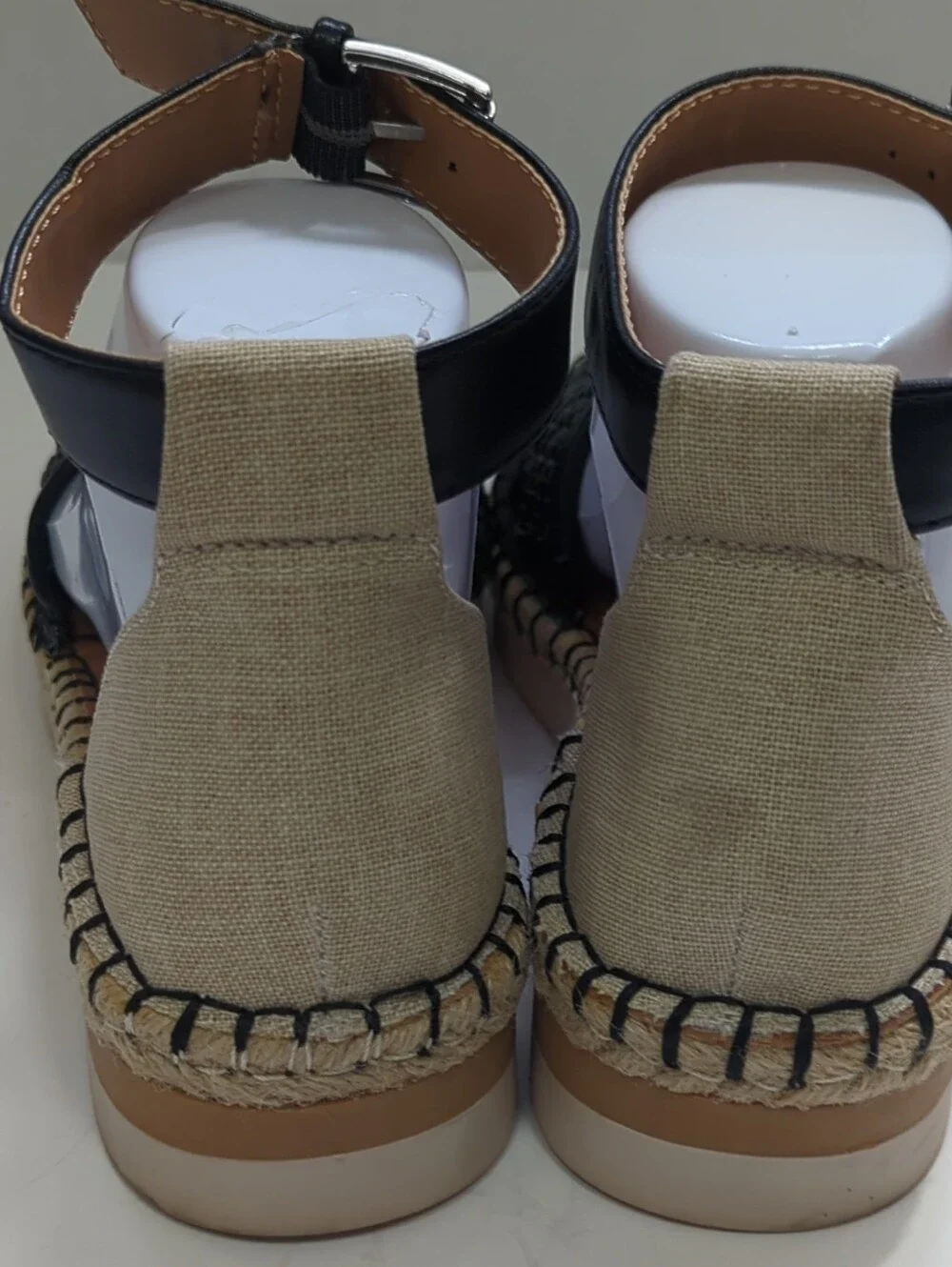 Womens Sz 7 Espadrille Sandals Black/Beige Woven Ankle Strap Buckle Flat